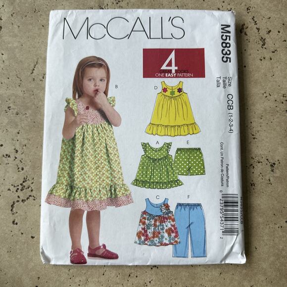 McCall's 5835 Easy Toddler Tops, Dresses, Shorts, Capri Pants Pattern 1-4 Uncut - Picture 1 of 2